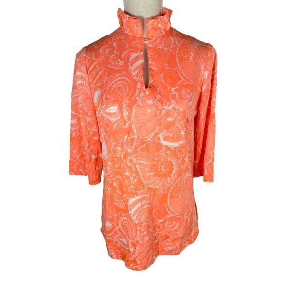 Key West Hand Print Tops - Key West Hand Print Vanda Rare Neon Orange Nautical 3/4 Sleeve Vintage Top
